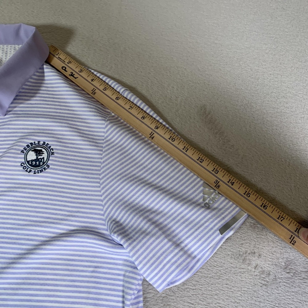 Adidas Polo Shirt Mens Large Purple Stripe Pebble Beach Golf HEAT RDY Primegreen - Picture 8 of 11